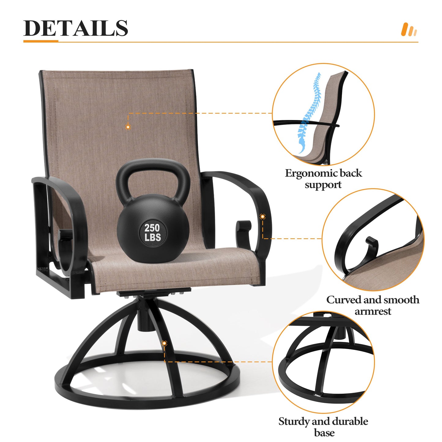 Crestlive Products Swivel Sunbrella Textilene Sling Steel Aluminum Frame Outdoor Dining Chair Set of 2