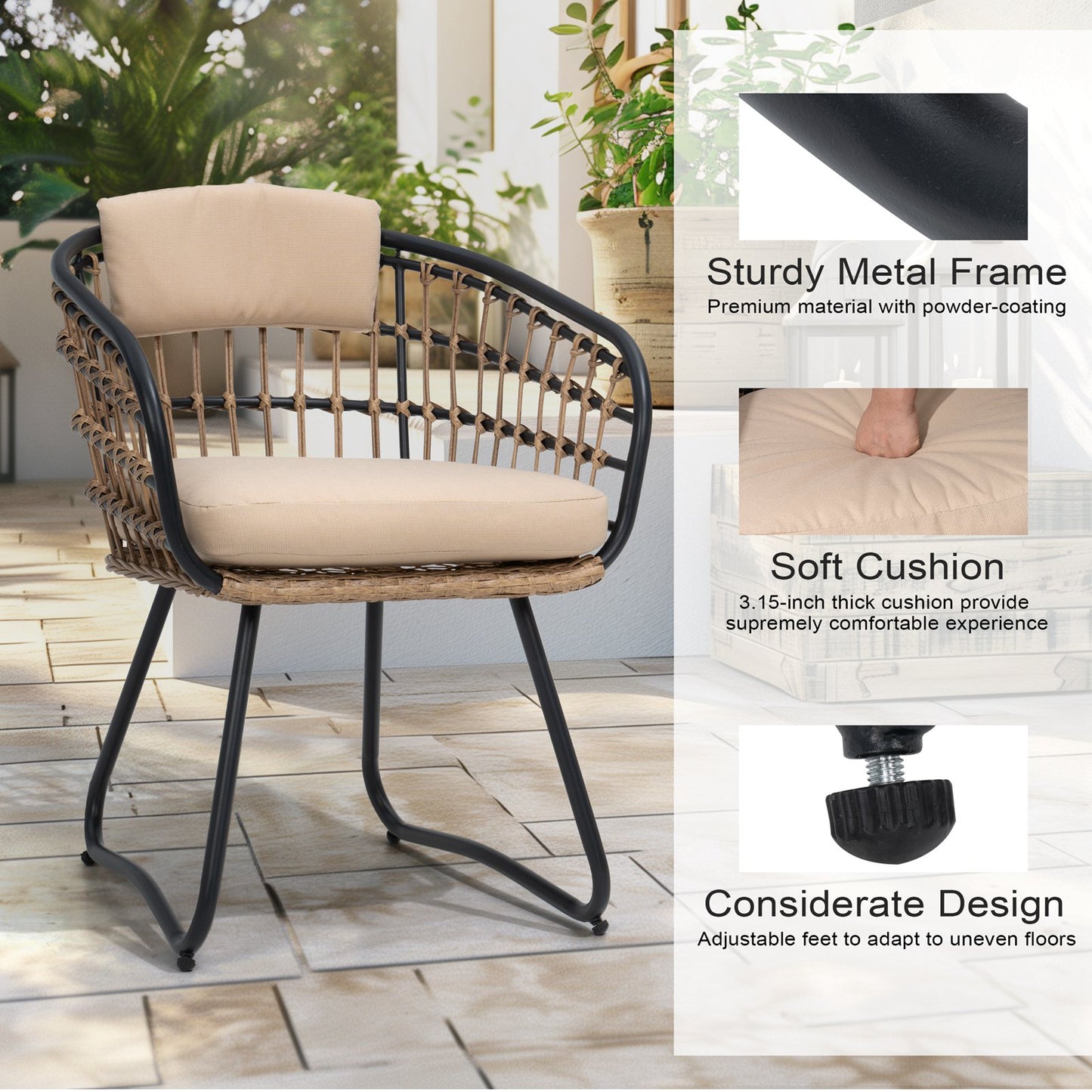 Crestlive Products Patio Dining Set with Rectangular Aluminum Table, Umbrella Hole, and Rattan Chairs