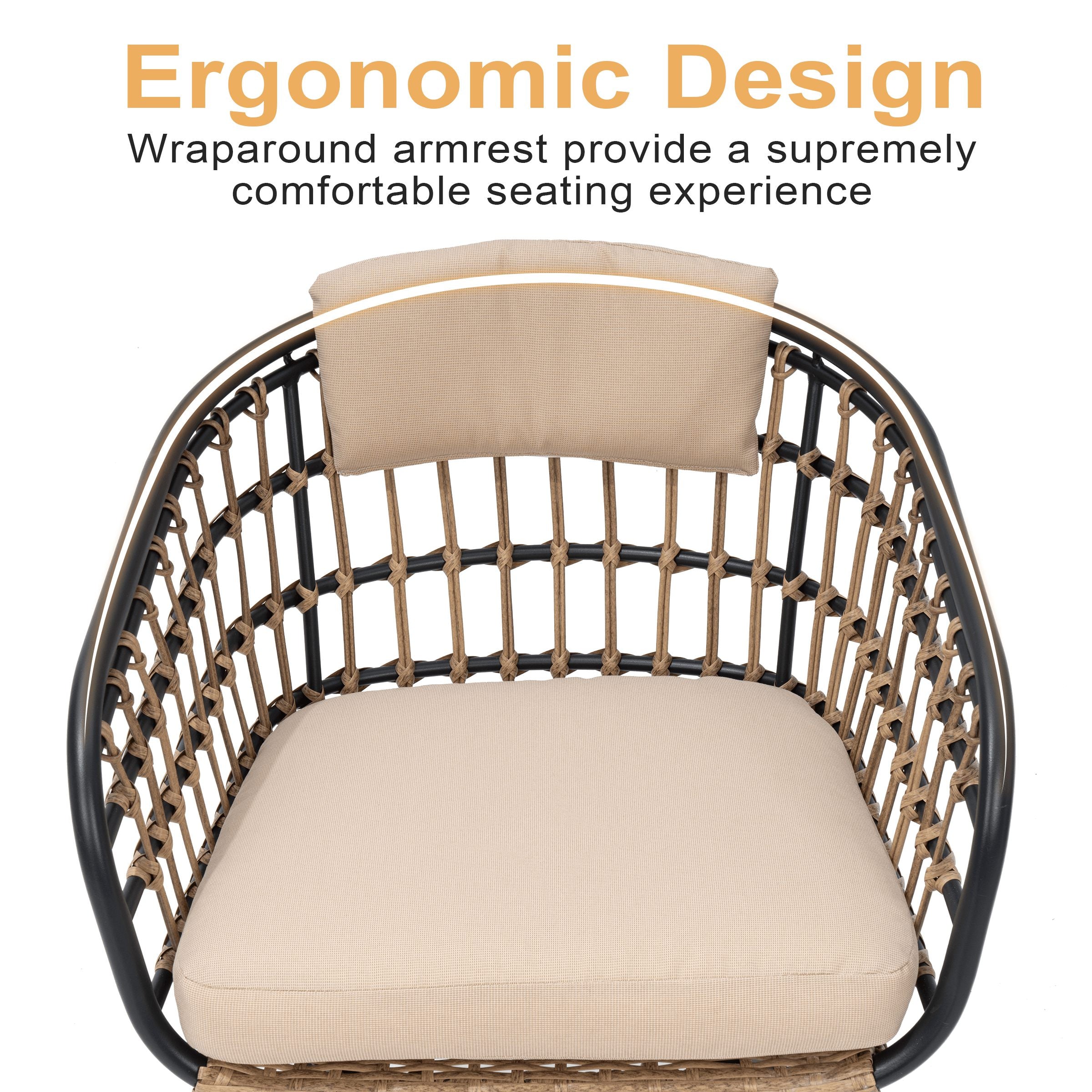 Outdoor rattan chair with ergonomic wraparound armrests for enhanced comfort