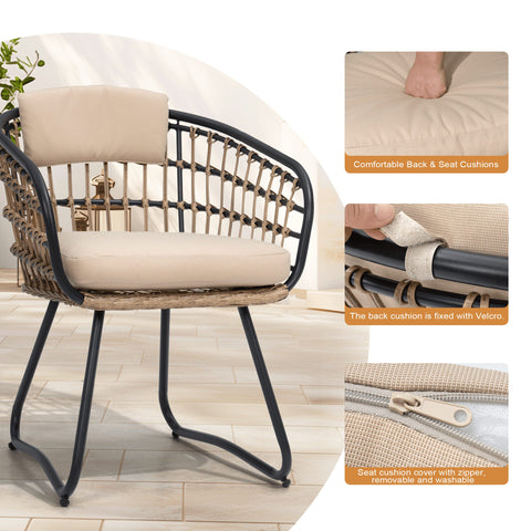 Outdoor rattan chair cushion detail showing back and seat cushions with removable, washable covers