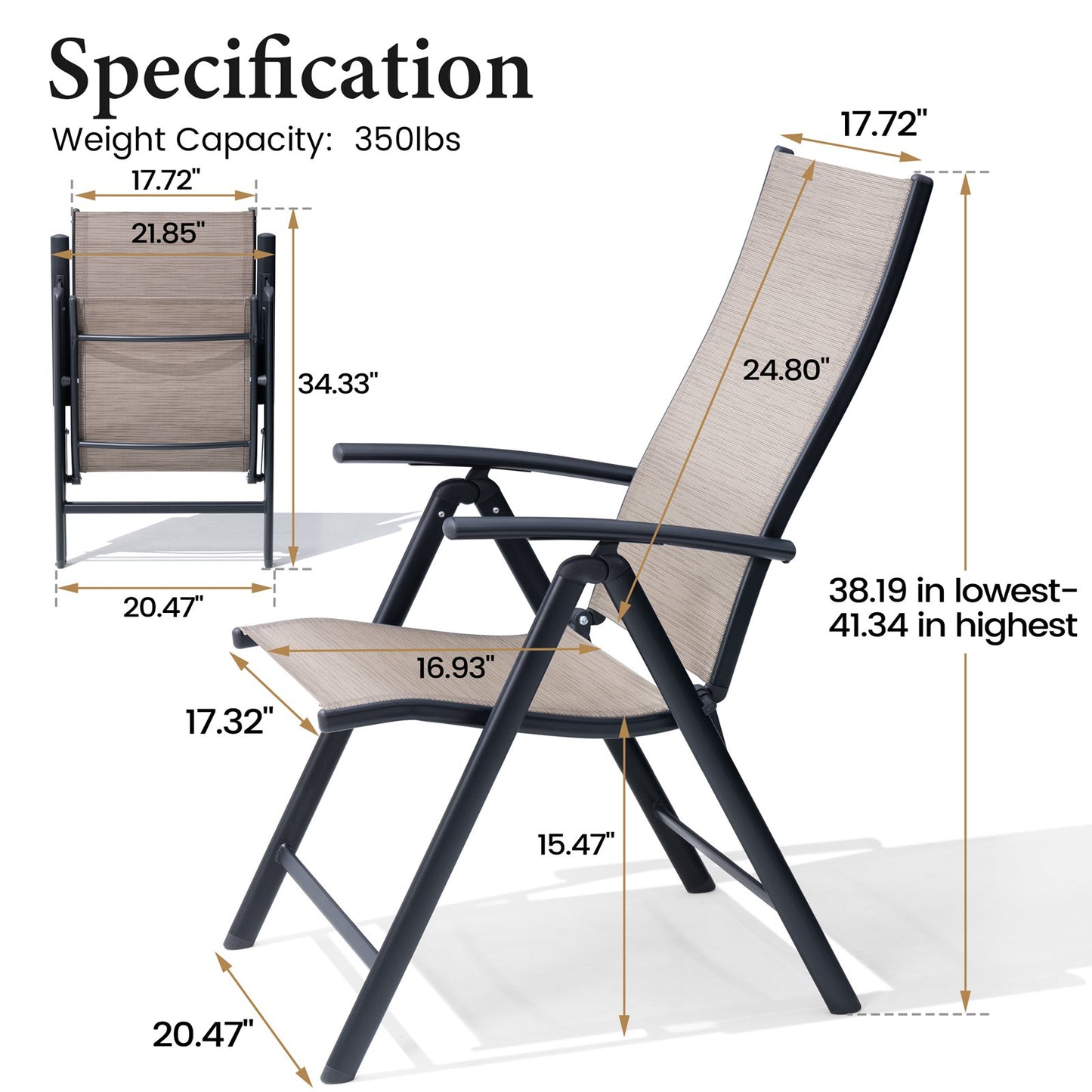 Crestlive Products Aluminum Outdoor Folding Adjustable Dining Chair Set of 2