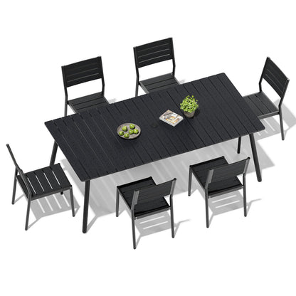 Crestlive Products 7-Piece Outdoor Dining Set Aluminum Frame Wood-Plastic Composite Table with Stackable Chairs