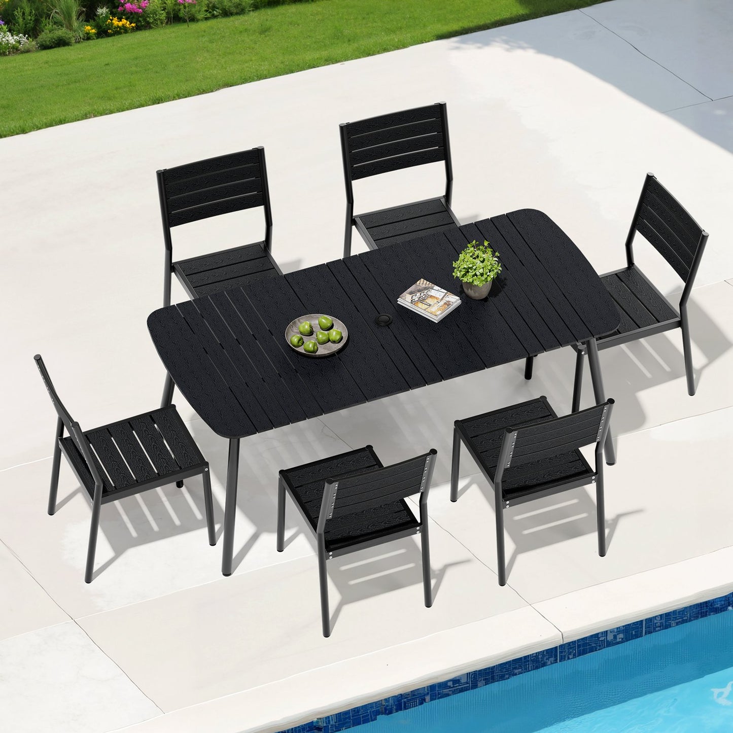 Crestlive Products Aluminum Patio Dining Set with Slat Rectangle Table, Umbrella Hole, and Stacking Chairs