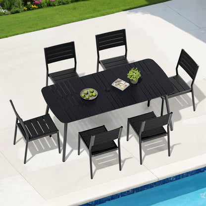 Crestlive Products Aluminum Patio Dining Set with Slat Rectangle Table, Umbrella Hole, and Stacking Chairs