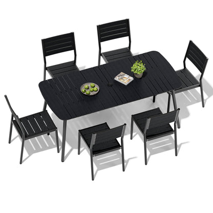 Crestlive Products Aluminum Patio Dining Set with Slat Rectangle Table, Umbrella Hole, and Stacking Chairs
