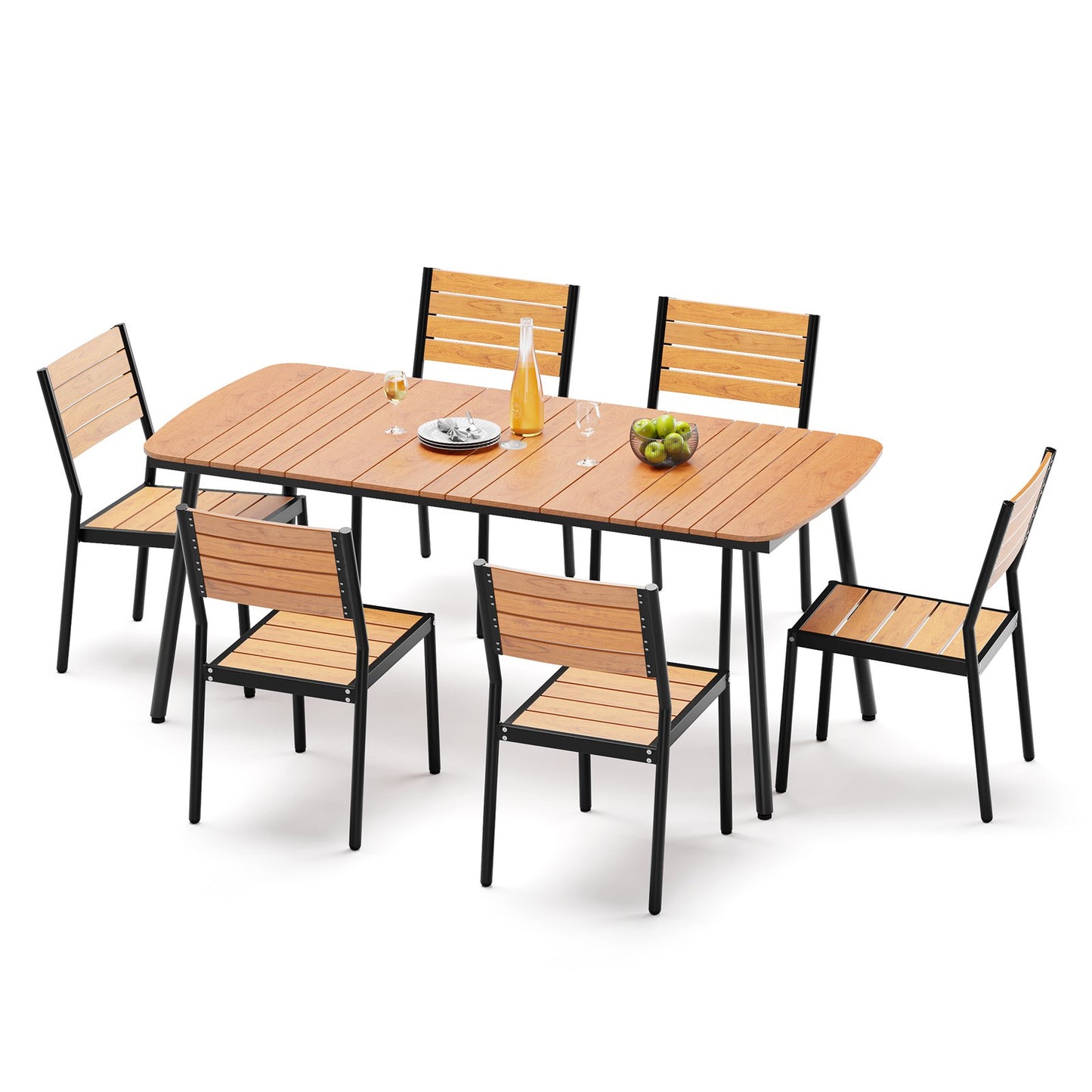 Crestlive Products Aluminum Patio Dining Set with Slat Rectangle Table, Umbrella Hole, and Stacking Chairs