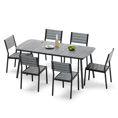 Crestlive Products Aluminum Patio Dining Set with Slat Rectangle Table, Umbrella Hole, and Stacking Chairs