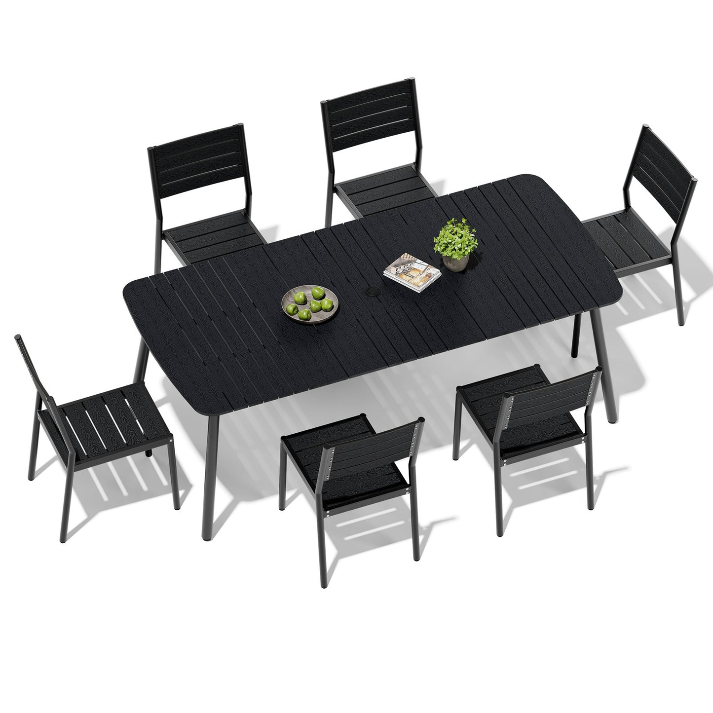 Crestlive Products Aluminum Patio Dining Set with Slat Rectangle Table, Umbrella Hole, and Stacking Chairs