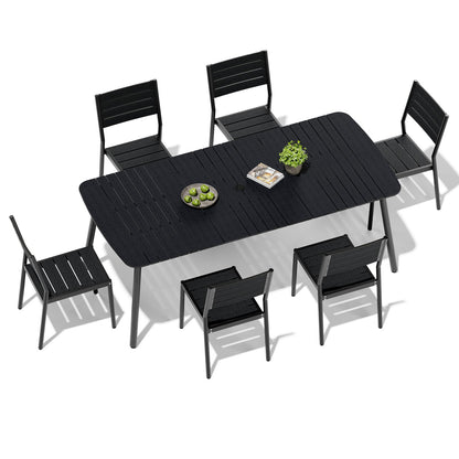 Crestlive Products Aluminum Patio Dining Set with Slat Rectangle Table, Umbrella Hole, and Stacking Chairs