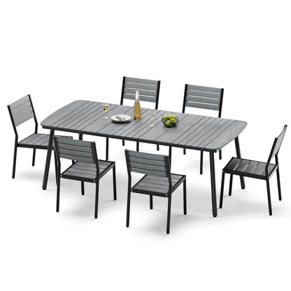 Crestlive Products Aluminum Patio Dining Set with Slat Rectangle Table, Umbrella Hole, and Stacking Chairs
