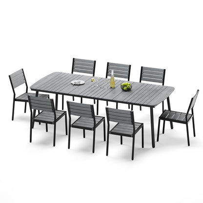 Crestlive Products Aluminum Patio Dining Set with Slat Rectangle Table, Umbrella Hole, and Stacking Chairs