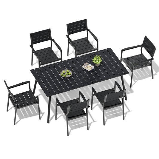 Crestlive Products Aluminum Outdoor Dining Set with Stackable Armchairs and Umbrella Hole