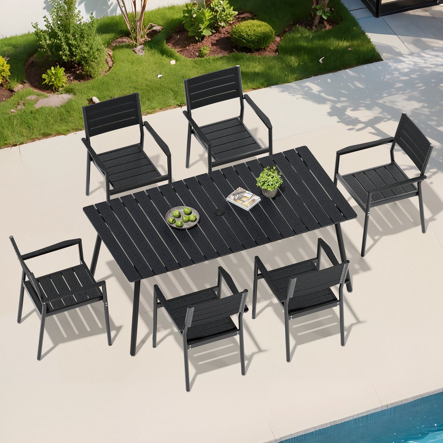 Crestlive Products Aluminum Outdoor Dining Set with Stackable Armchairs and Umbrella Hole