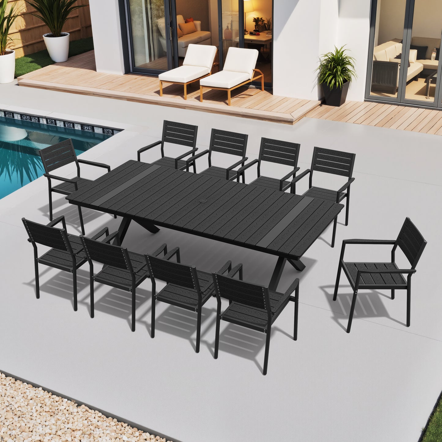 Crestlive Products Aluminum Outdoor Dining Table with Umbrella Hole and Stackable Chairs