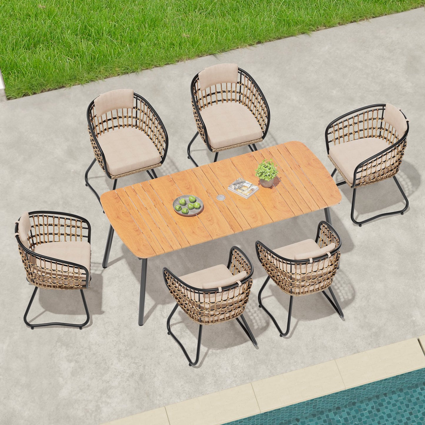 Crestlive Products Patio Dining Set with Rectangular Aluminum Table, Umbrella Hole, and Rattan Chairs