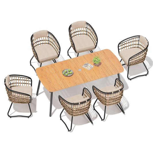 Crestlive Products Patio Dining Set with Rectangular Aluminum Table, Umbrella Hole, and Rattan Chairs