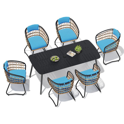 Crestlive Products Patio Dining Set with Rectangular Aluminum Table, Umbrella Hole, and Rattan Chairs