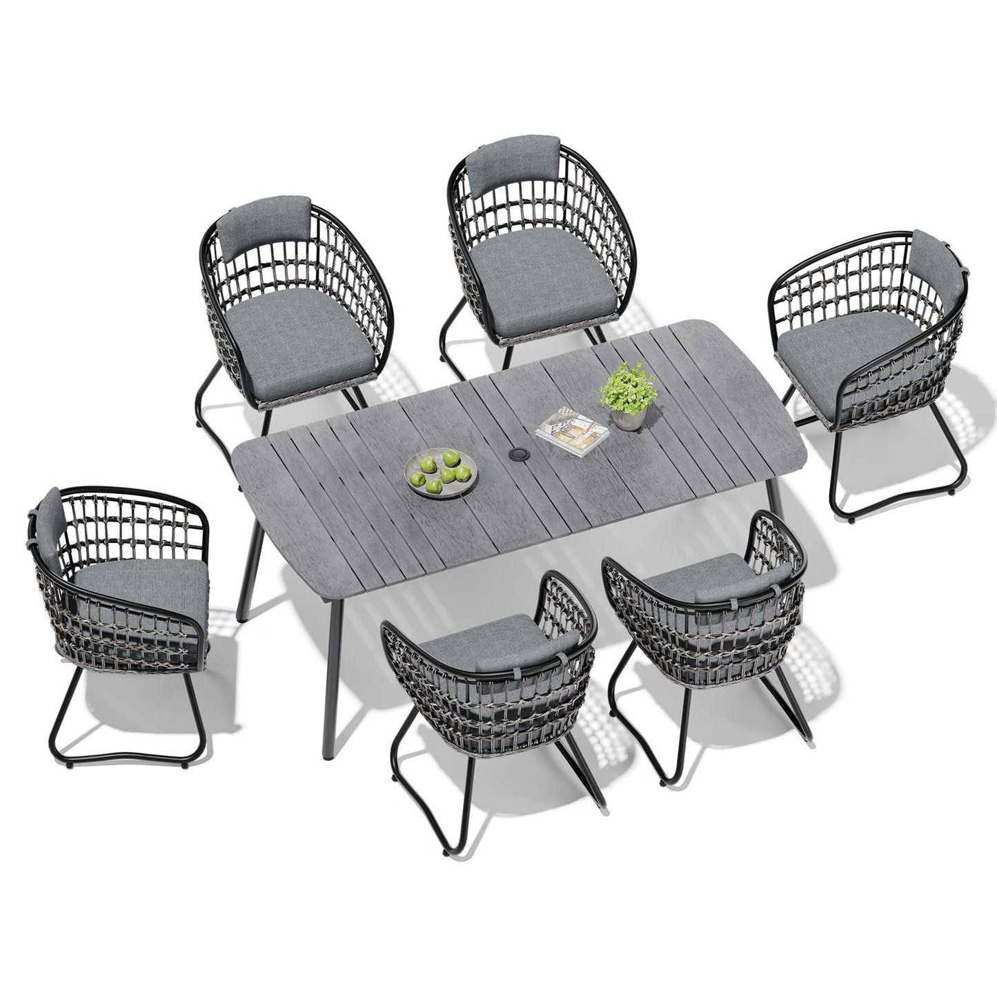 Crestlive Products Patio Dining Set with Rectangular Aluminum Table, Umbrella Hole, and Rattan Chairs