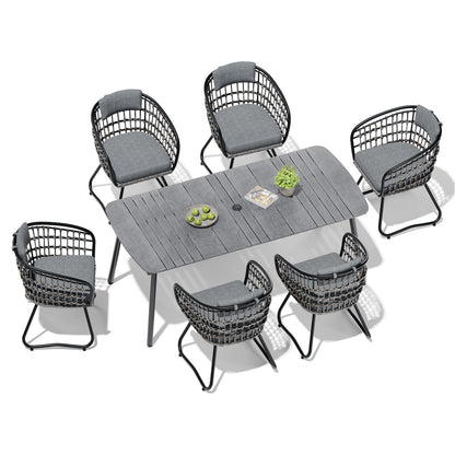 Crestlive Products Patio Dining Set with Rectangular Aluminum Table, Umbrella Hole, and Rattan Chairs