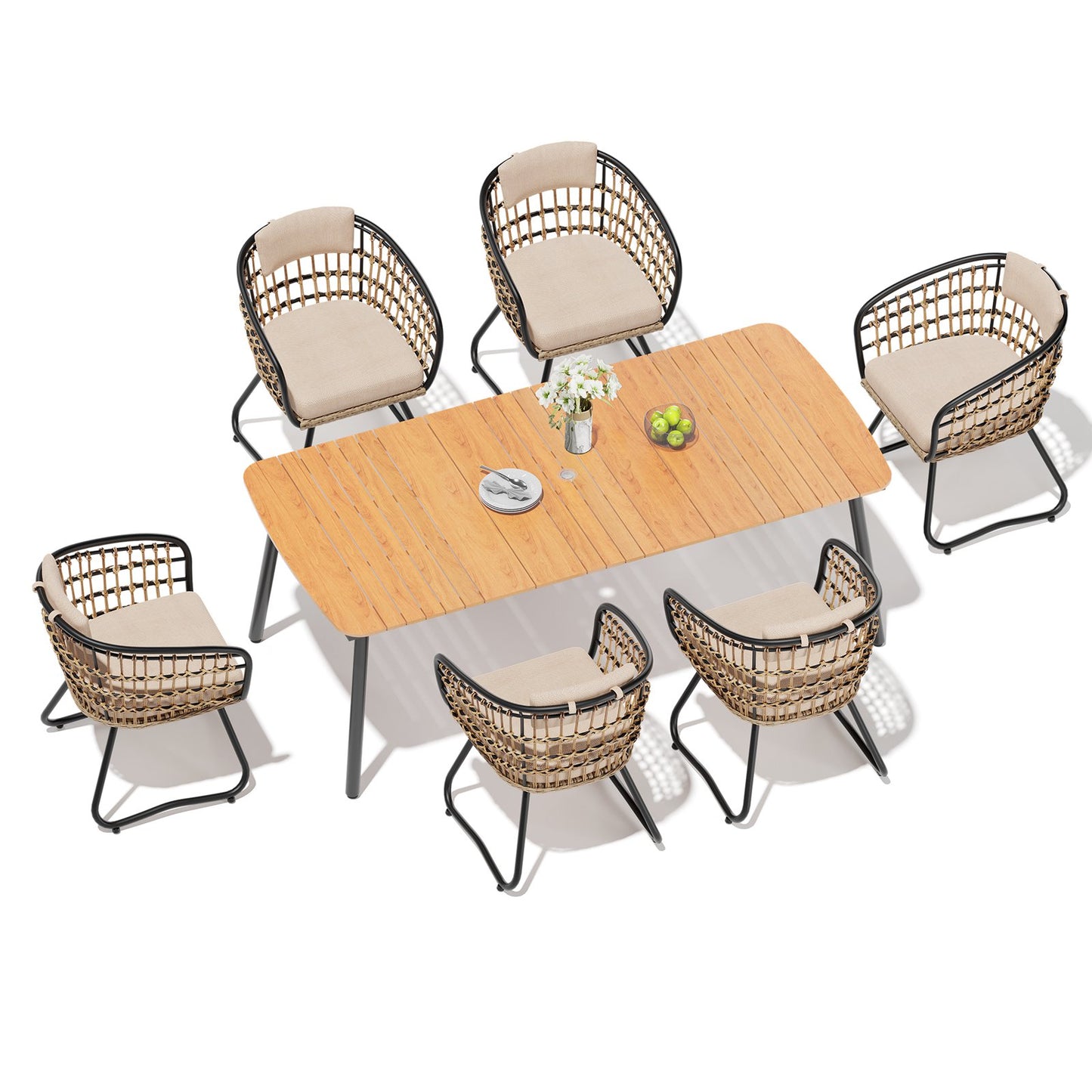 Crestlive Products Patio Dining Set with Rectangular Aluminum Table, Umbrella Hole, and Rattan Chairs