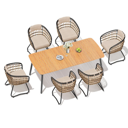 Crestlive Products Patio Dining Set with Rectangular Aluminum Table, Umbrella Hole, and Rattan Chairs