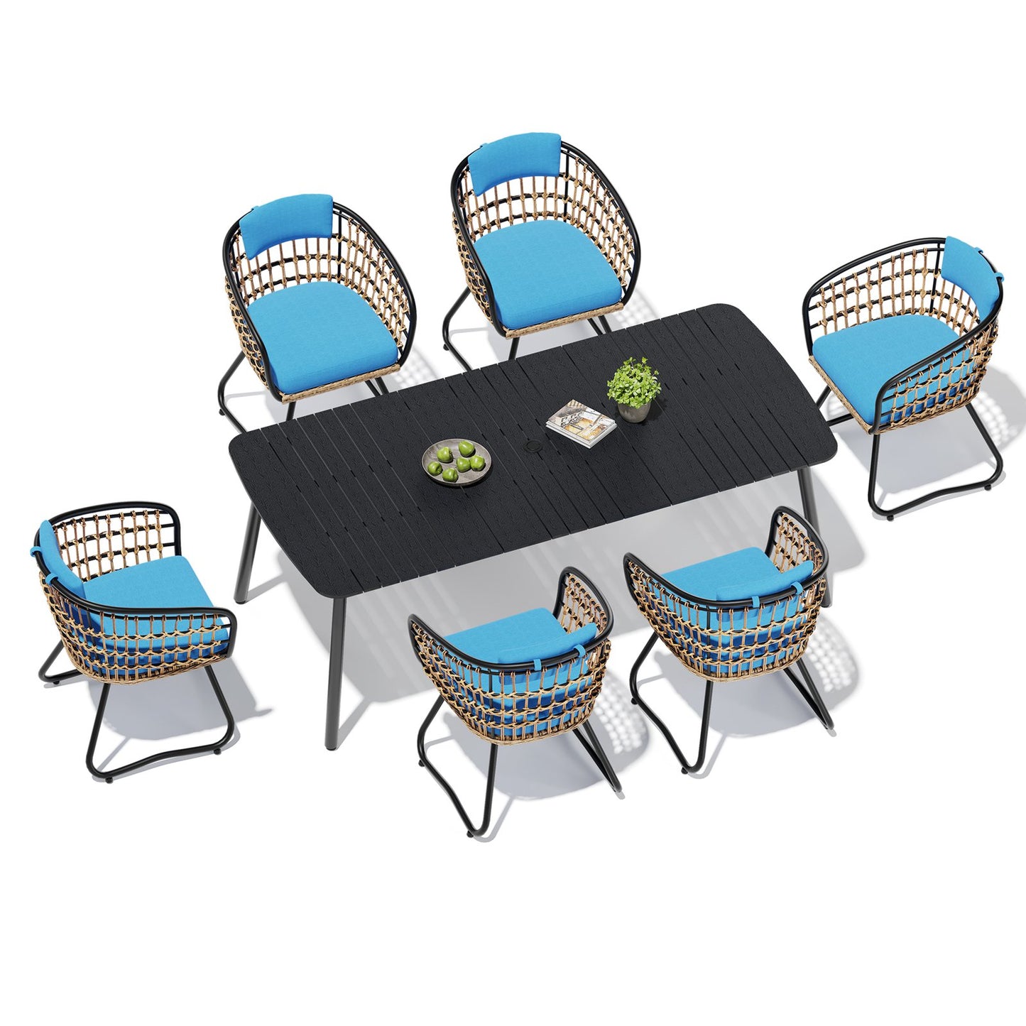 Crestlive Products Patio Dining Set with Rectangular Aluminum Table, Umbrella Hole, and Rattan Chairs