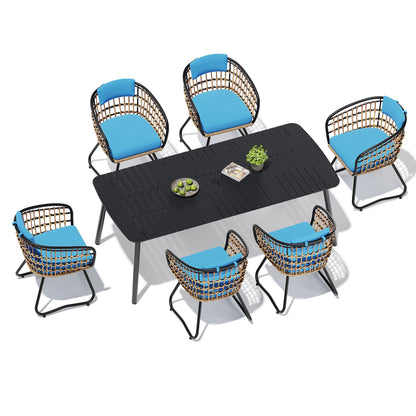 Crestlive Products Patio Dining Set with Rectangular Aluminum Table, Umbrella Hole, and Rattan Chairs