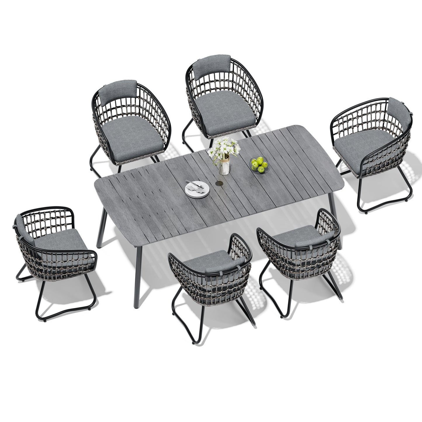 Crestlive Products Patio Dining Set with Rectangular Aluminum Table, Umbrella Hole, and Rattan Chairs
