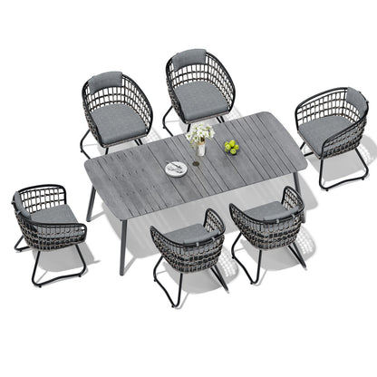 Crestlive Products Patio Dining Set with Rectangular Aluminum Table, Umbrella Hole, and Rattan Chairs