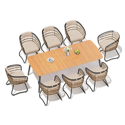 Crestlive Products Patio Dining Set with Rectangular Aluminum Table, Umbrella Hole, and Rattan Chairs