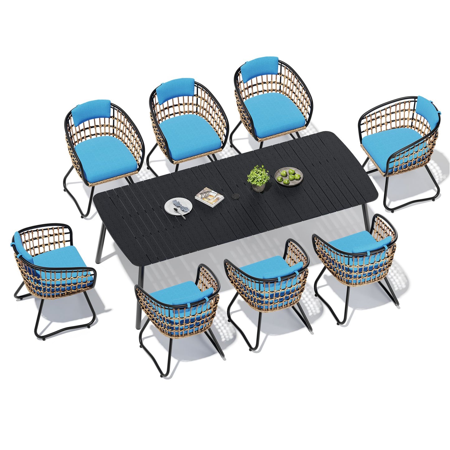 Crestlive Products Patio Dining Set with Rectangular Aluminum Table, Umbrella Hole, and Rattan Chairs