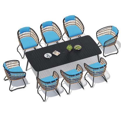 Crestlive Products Patio Dining Set with Rectangular Aluminum Table, Umbrella Hole, and Rattan Chairs