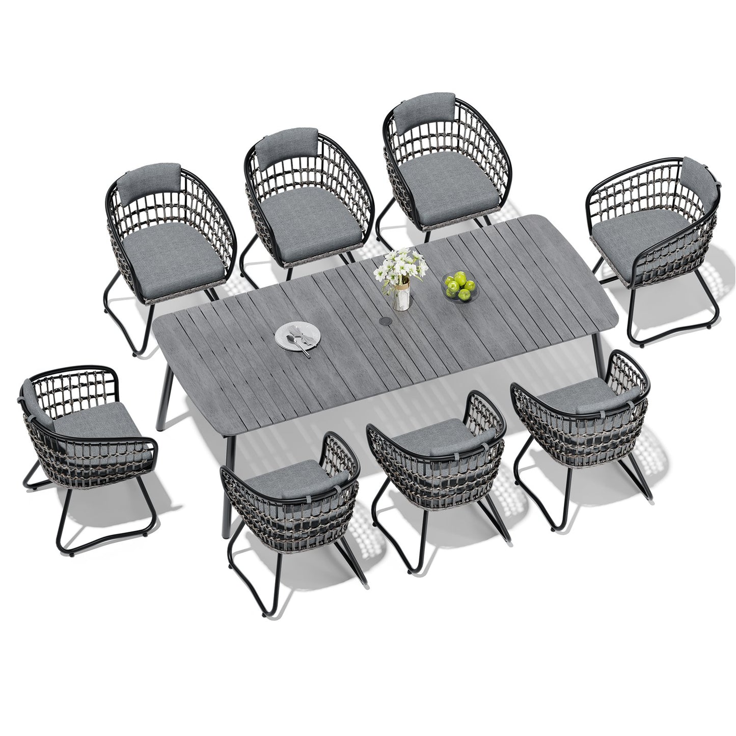 Crestlive Products Patio Dining Set with Rectangular Aluminum Table, Umbrella Hole, and Rattan Chairs
