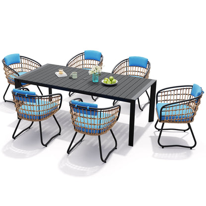 Crestlive Products Outdoor Patio Dining Set Aluminum Table with Umbrella Hole and Rattan Chairs