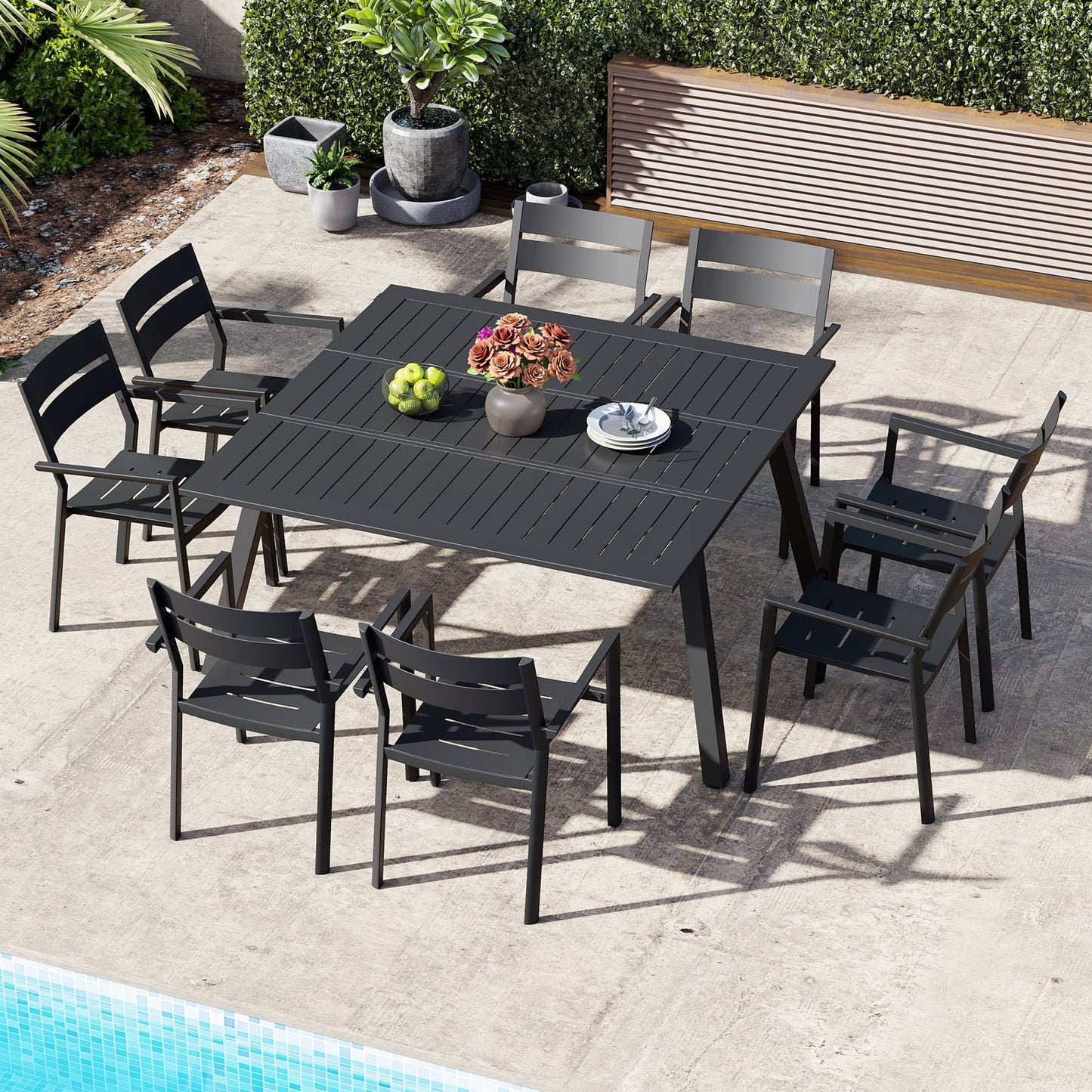 Crestlive Products Aluminum Extension Dining Table with Stackable Arm Chairs Outdoor Set