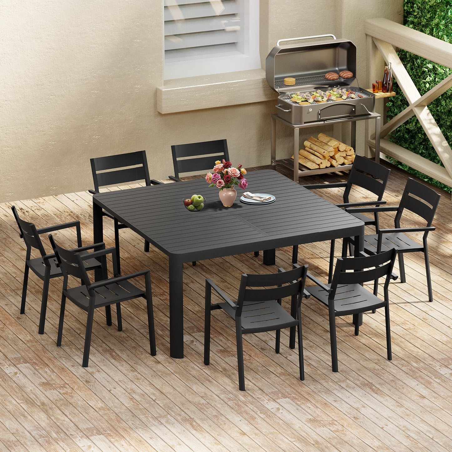 Crestlive Products 9-Piece Outdoor Dining Set with Expandable Aluminum Table and Stackable Chairs