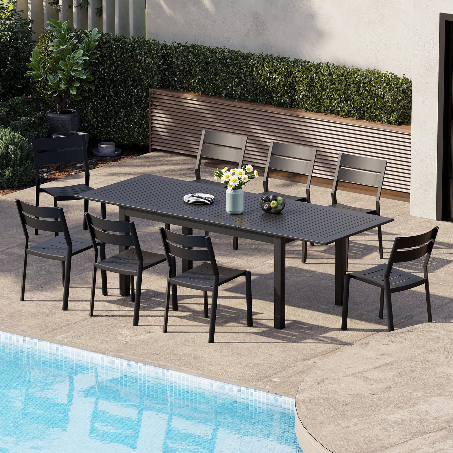 Crestlive Products Expandable Aluminum Patio Dining Table Set with Stackable Chairs
