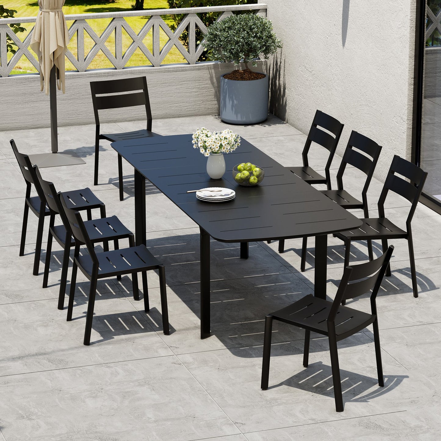 Crestlive Products Aluminum Outdoor Dining Set with 94.5 in. Extension and Stackable Chairs