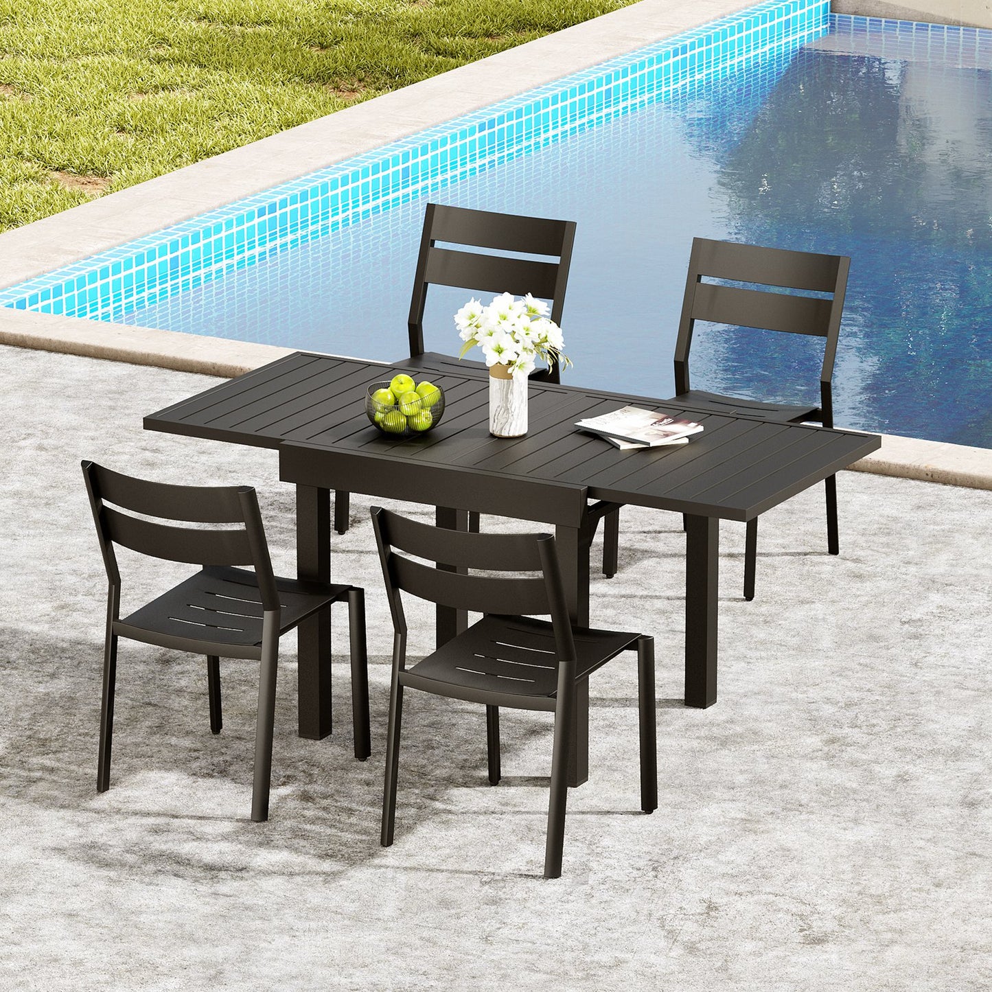 Crestlive Products Black Aluminum Expandable Patio Dining Table with Stackable Chairs