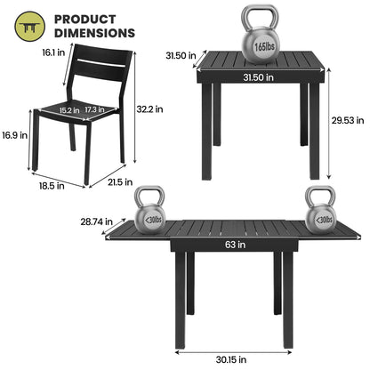 Crestlive Products Black Aluminum Expandable Patio Dining Table with Stackable Chairs