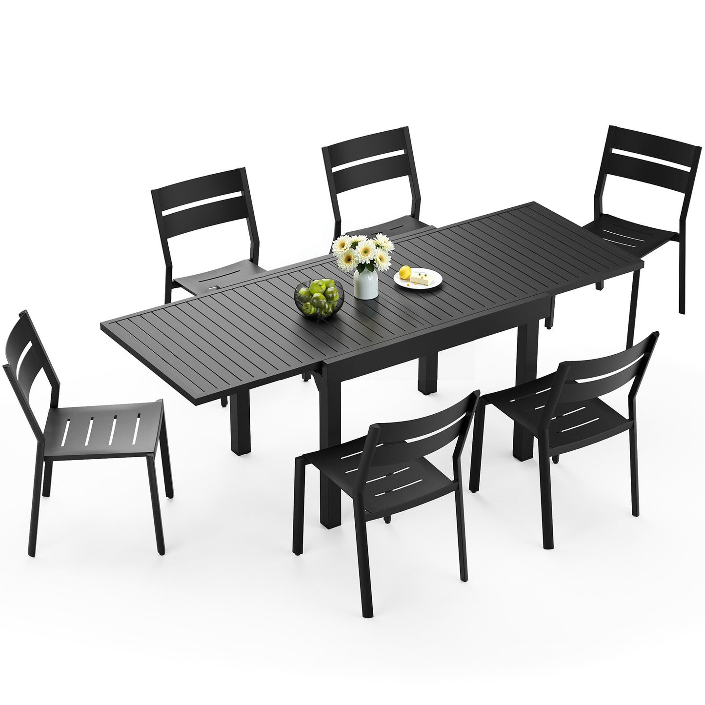 Crestlive Products Black Aluminum Expandable Patio Dining Table with Stackable Chairs