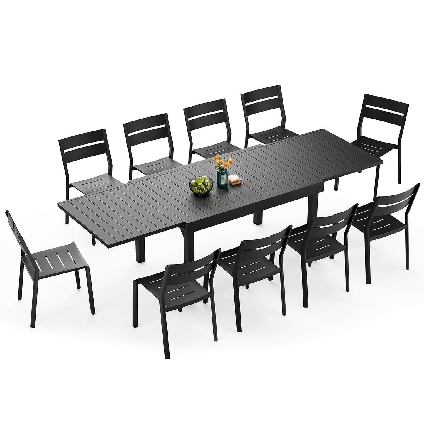 Crestlive Products Black Aluminum Expandable Patio Dining Table with Stackable Chairs