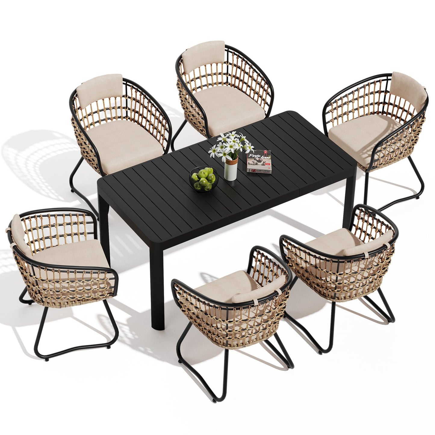 Crestlive Products Expandable Rectangular Aluminum Patio Dining Table with PE Rattan Chairs