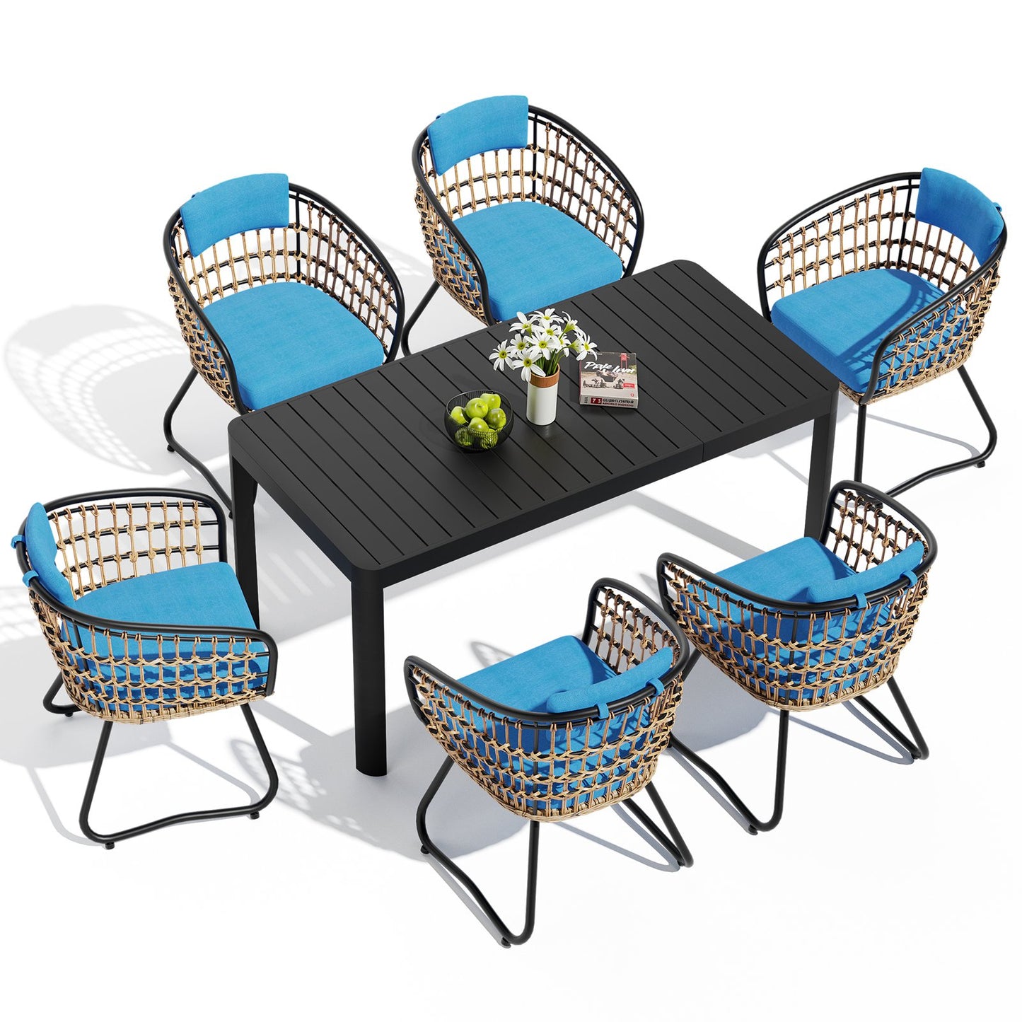 Crestlive Products Expandable Rectangular Aluminum Patio Dining Table with PE Rattan Chairs