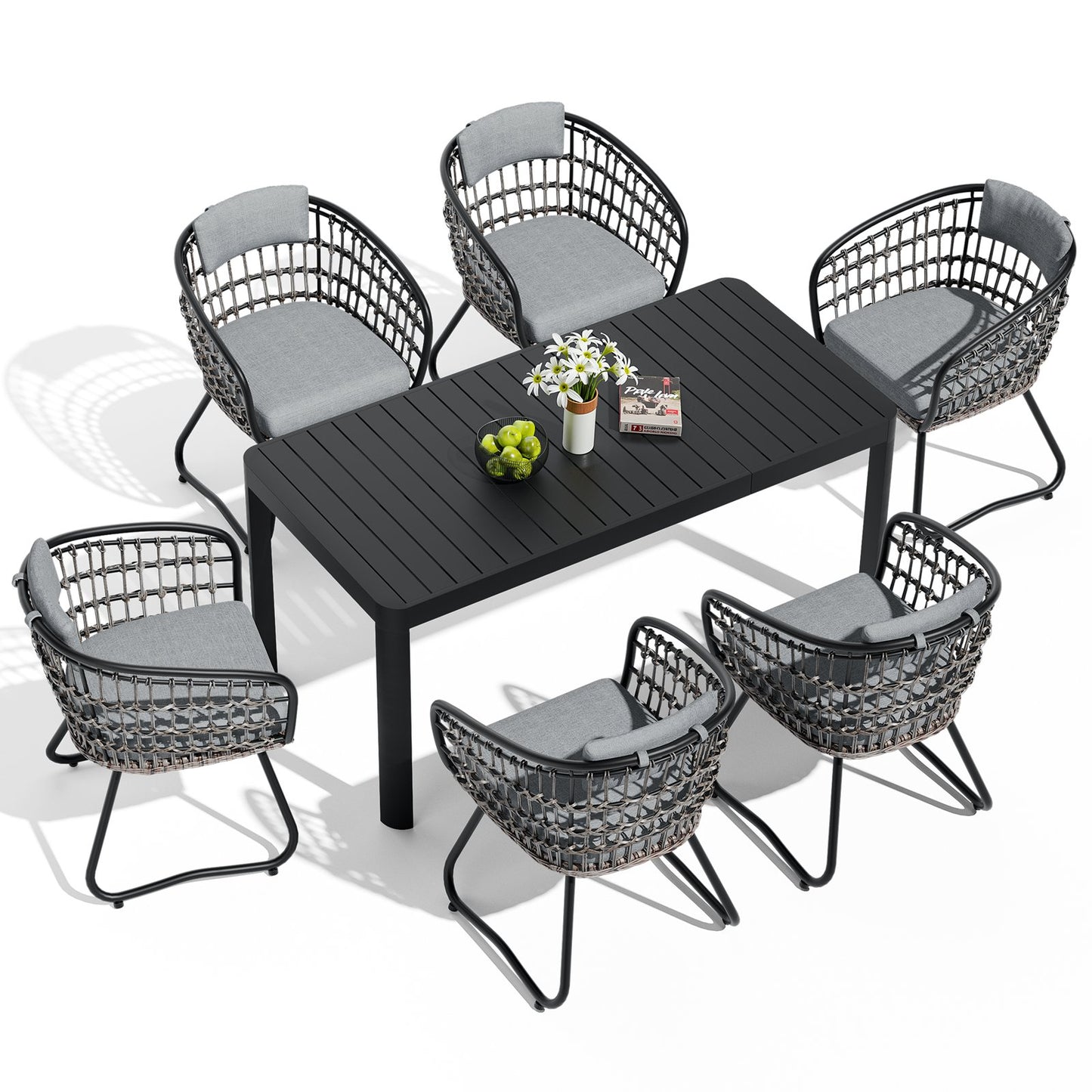 Crestlive Products Expandable Rectangular Aluminum Patio Dining Table with PE Rattan Chairs