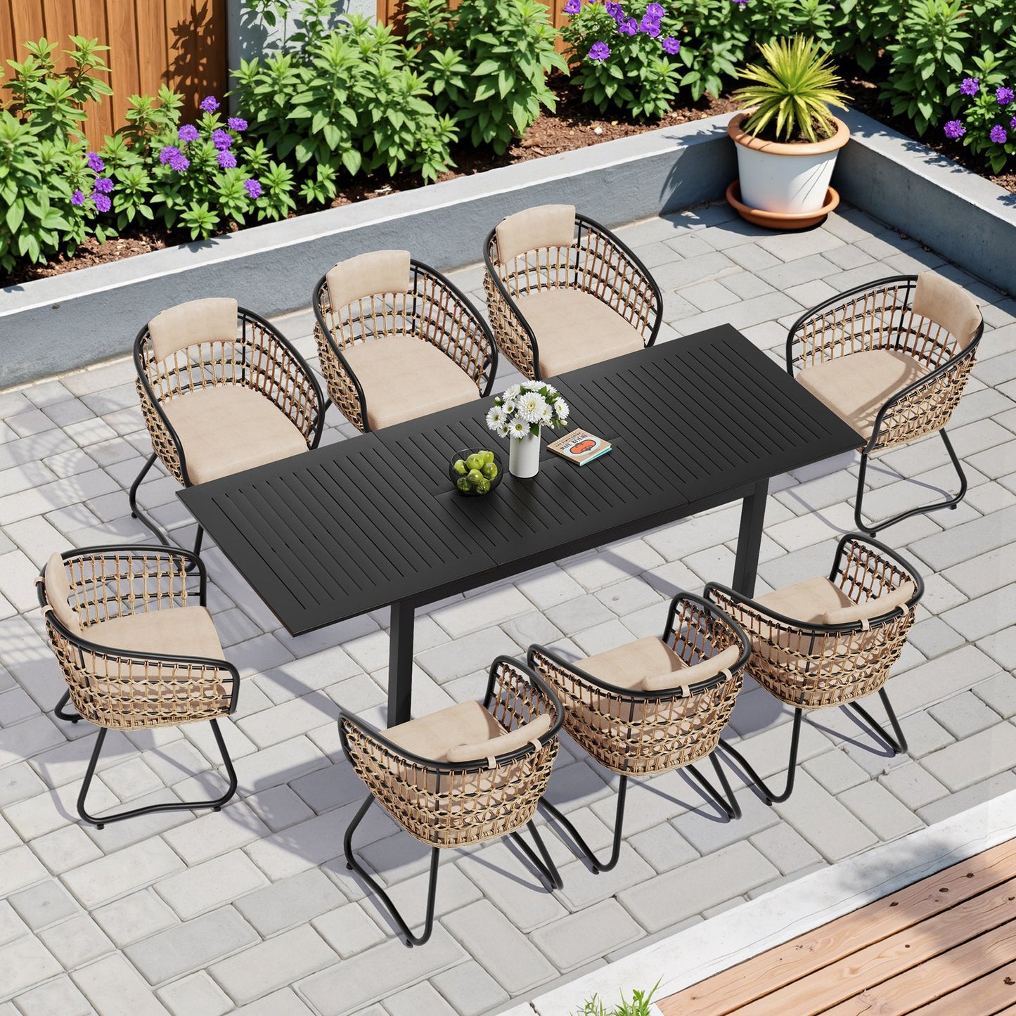 Crestlive Products Extending Rectangular Outdoor Dining Set with PE Rattan Chairs