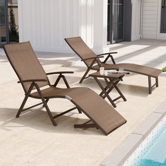 Crestlive Products 2-Pack Outdoor Folding Chaise Lounge Chairs, Adjustable Patio Reclining Chairs with Aluminum Frame, No Assembly Portable Pool Lounge Chairs, Brown