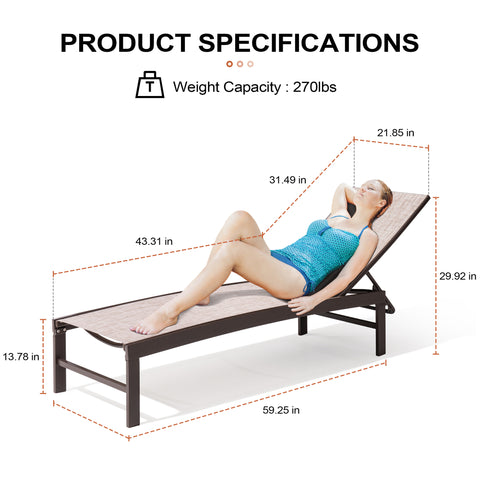 Aluminum outdoor chaise lounge chair showing dimensions and weight capacity