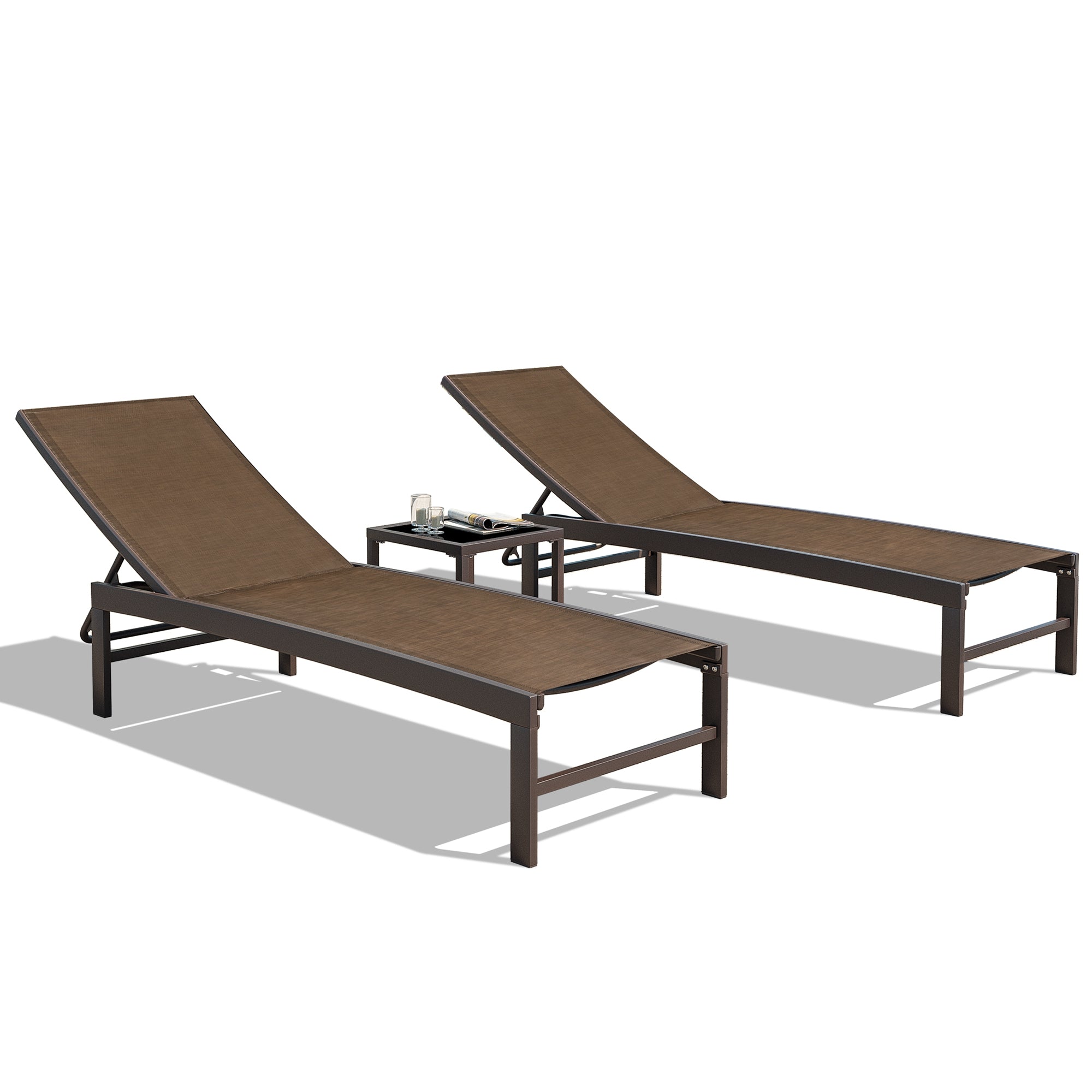 Outdoor chaise lounge cushion 2-piece set with glass table in Brown