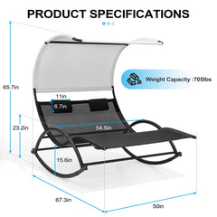 Aluminum Double Chaise Lounge with Canopy & Wheels